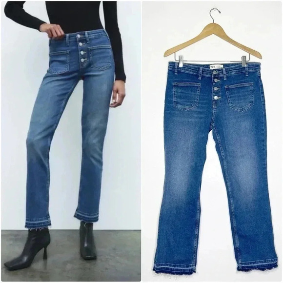 Zara Black Boot Cut Drop Hem Button Jeans Size 10 - Picture 1 of 7